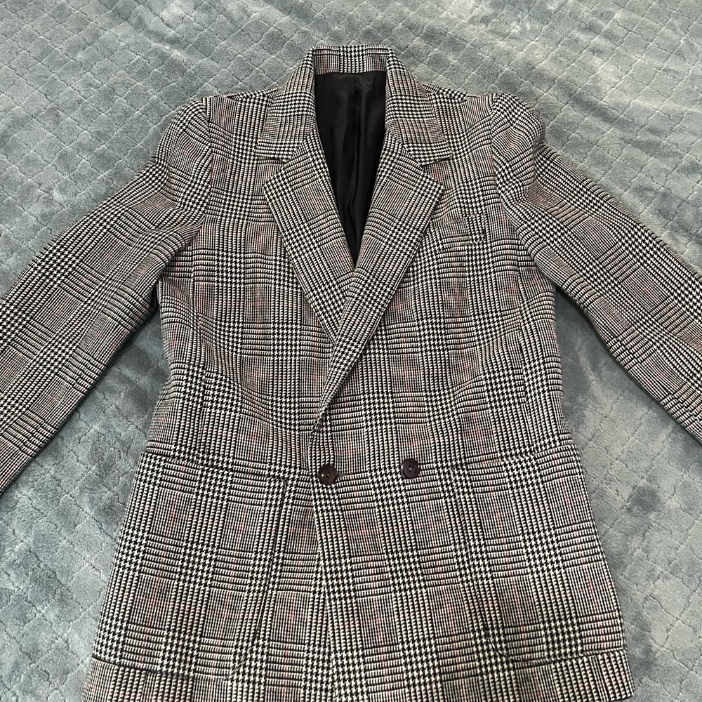 Vintage French‎ Wool Plaid Blazer Double Breasted Tailored Jacket